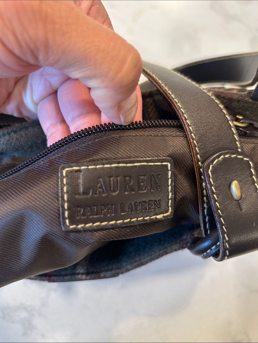 VTG Lauren Ralph Lauren Plaid Hobo Dark Brown Leather Trim Equestrian Preppy Y2K - Picture 3 of 13
